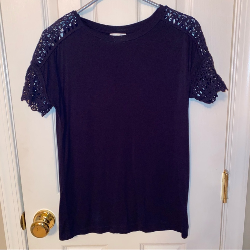 Navy blue top with lacey sleeves